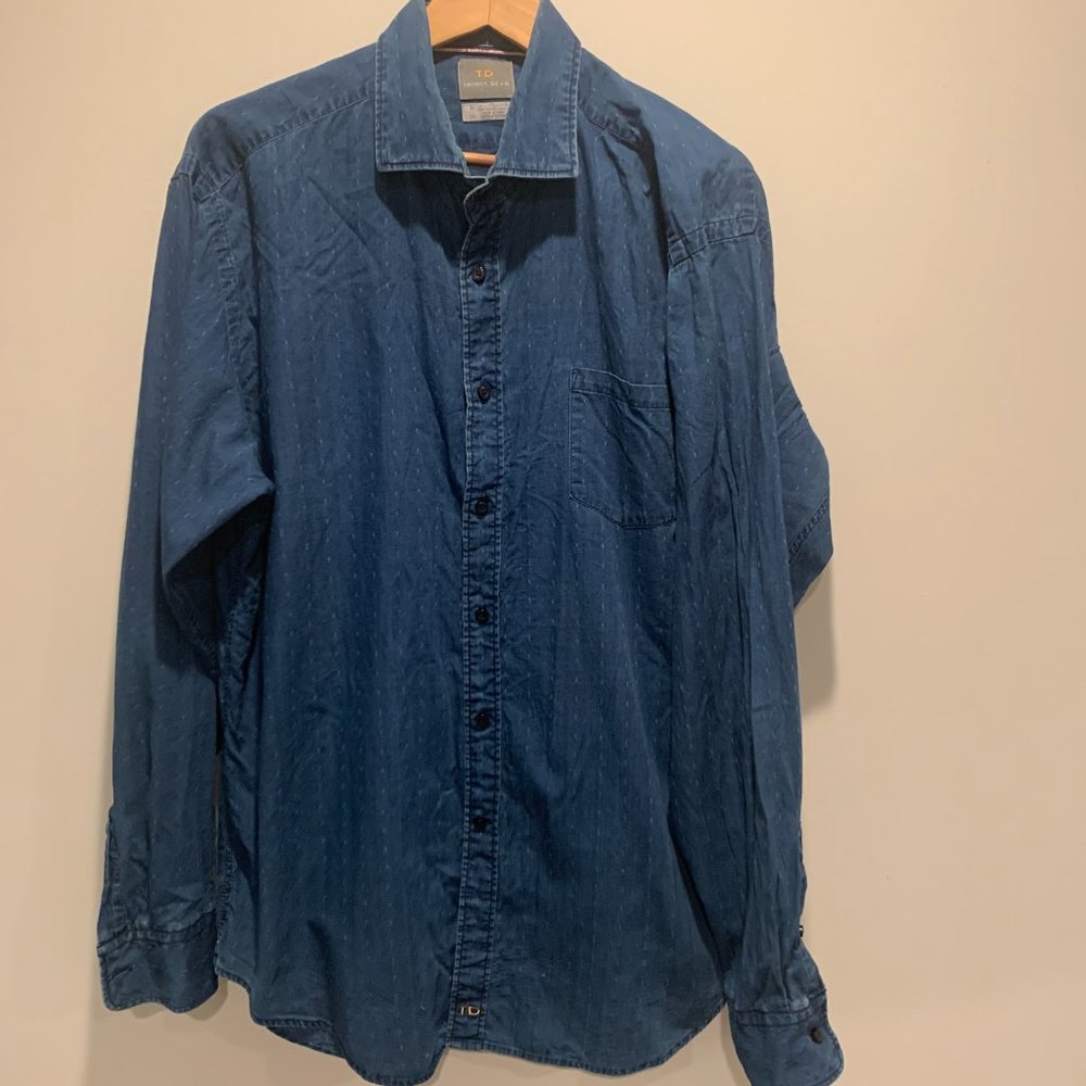 Thomas Dean Long Sleeve Button Up, Blue with subtle Pattern, XL